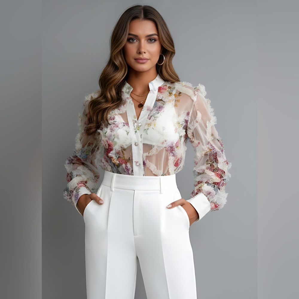 Floral Chiffon Ruffle Sheer Blouse